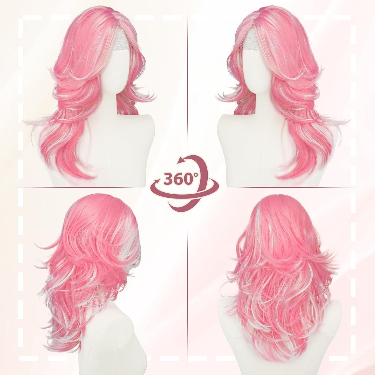 Pink Layered Wigs with Curtain Bangs - 20 Inch Long Wavy Synthetic Hair Wig for Women | Natural Looking Middle Part