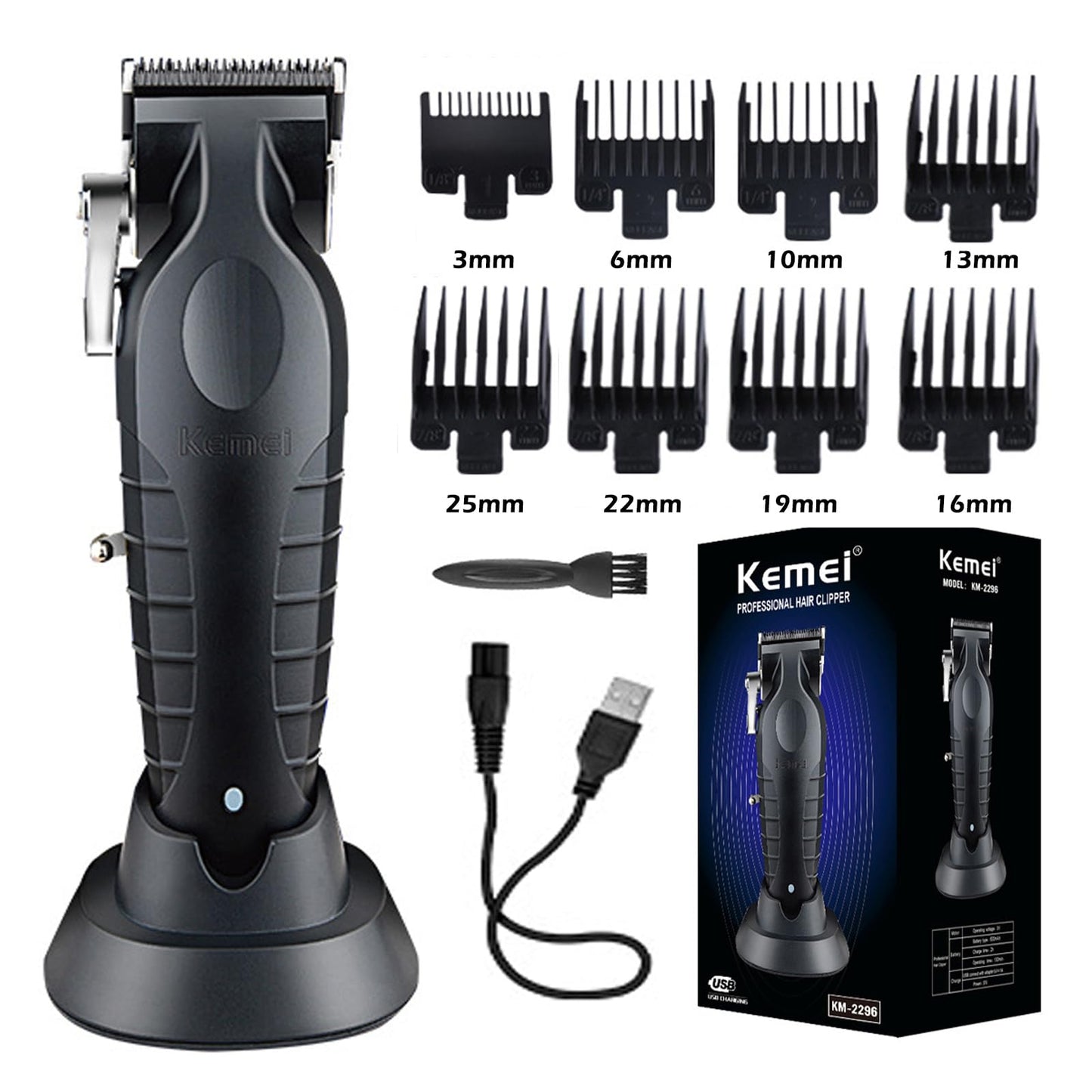 Kemei km 2296 Professional Cordless Hair Clippers for Men, Rechargeable Hair/Beard Trimmers with Base, Adjustable Haircut Machine for Stylists and Barbers Grooming Kit