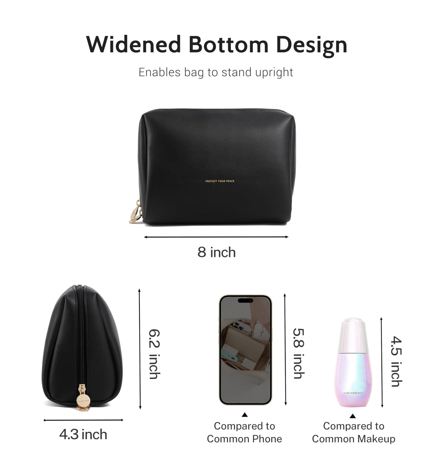 Aveniee Travel Makeup Bag, Large Toiletry Bag for Women, Vegan Leather Travel Pouches Case, Make Up Bag for Travel Essentials Brushes, Cosmetic Bag Purse Organizer with Divider and Gold Zippers-Black