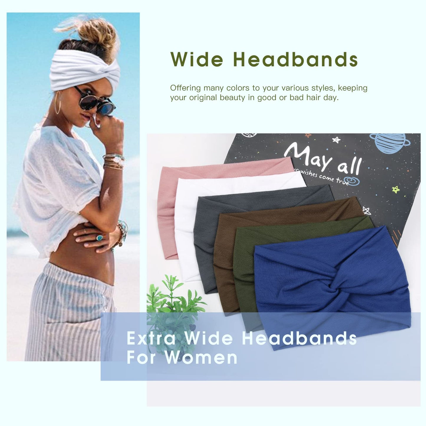 Tobeffect 7'' Extra Wide Headbands for Women, Large Thick Turban Head Wrap Headband, Boho Bandana Head Bands for Women's Hair, Non Slip Workout Yoga Hairband Hair Accessories, 6 Pack