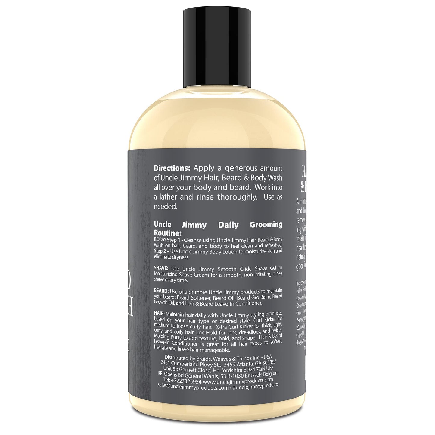 Uncle Jimmy Hair, Beard & Body Men's Wash | Sulfate Free, Paraben Free, with Naturally Derived Clean Ingredients Leaving Skin Soft and Hydrating 12 Fl Oz