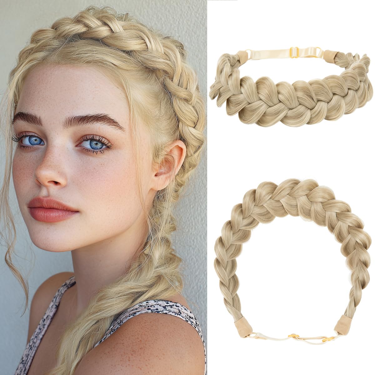 Wide Elastic Braided Headbands for Women - Adjustable Synthetic Hair Hairpiece | Coffee Brown