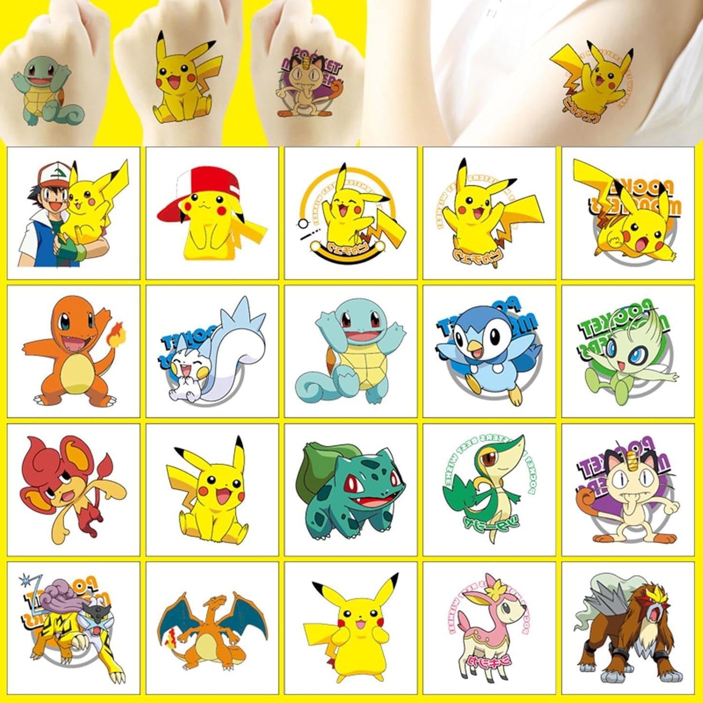 Pokémon Tattoo Stickers - 20 Cartoon Water Transfer Designs for Birthday Parties | Fun Temporary Tattoos