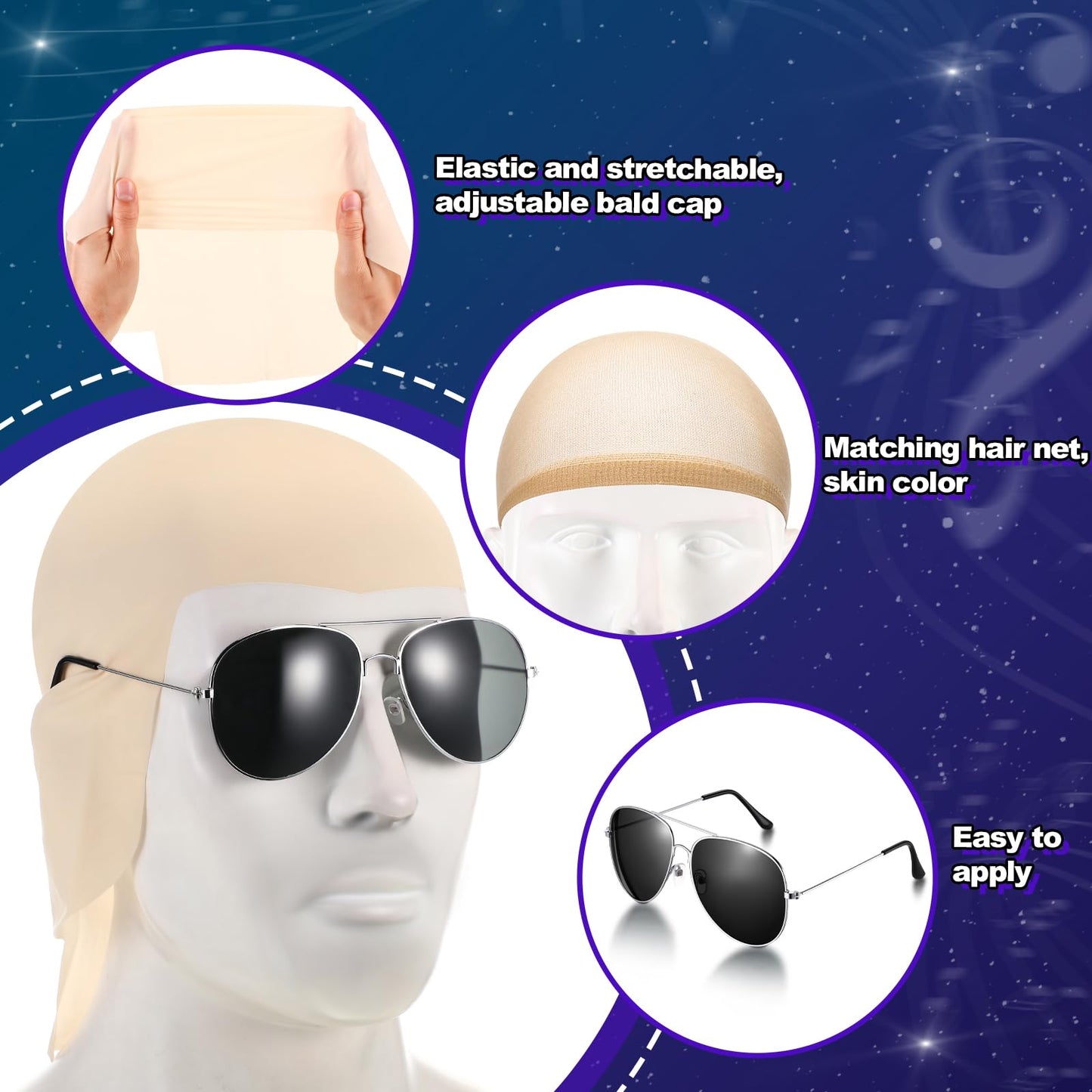 Mepase 6 Pcs Halloween Bald Head Cap with Glasses Bald Wig Cap Party Costume Accessories for Adults Women Men Cosplay(Smooth,Classic)