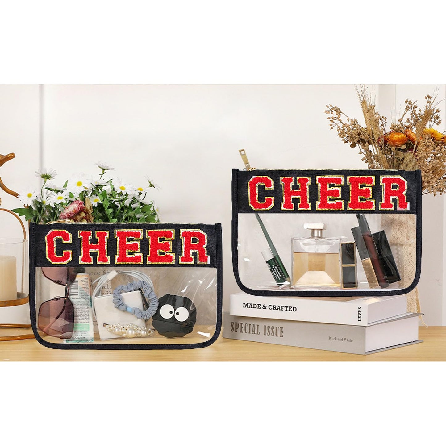 Jeffan 1 Pieces Black Cheer Gifts Chenille Letter Cheer Bags Patch Makeup Bag Flat Clear Pouch Cheerleading Gifts for Girls Cheer Teams