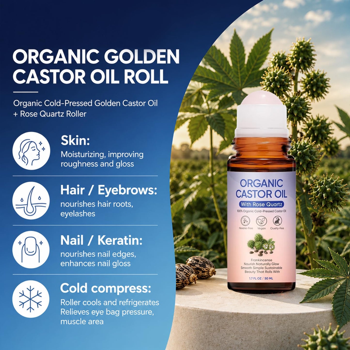 PlocoXe Castor Oil Rose Quartz Roller Ball, 100% Cold Pressed Hexane Free Organic Castor Oil Roll On for Face, Skin, Eyebrows & Eyelashes, Moisturizing Beauty Oil, 1.7 Fl Oz (50mL)