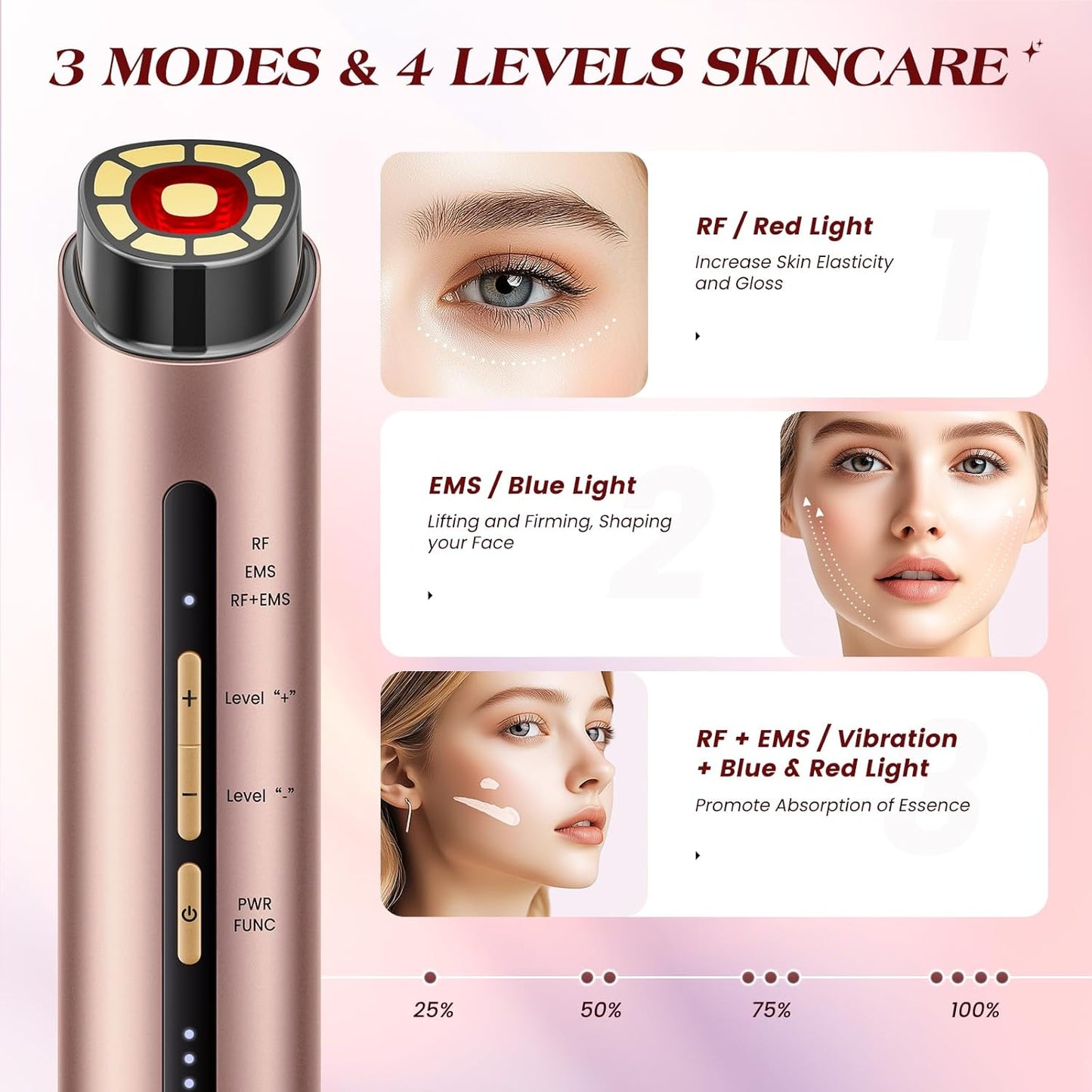 Microcurrent Facial Device - 3 Modes Red Light Therapy for Face & Neck | Gold Skin Care Massager