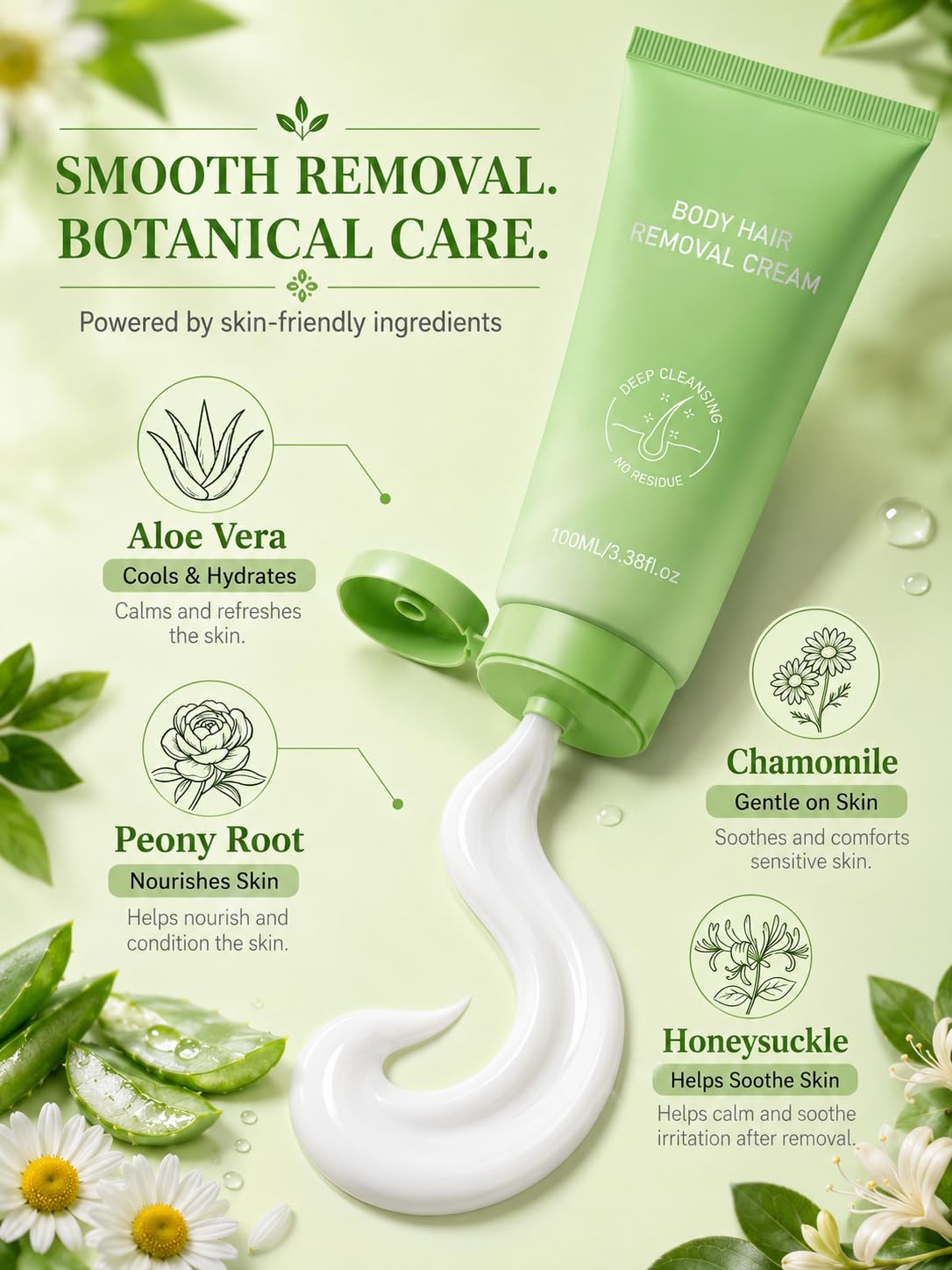 Gentle Hair Removal Cream for Women & Men | Aloe Vera & Chamomile, Smooth Skin for Legs, Arms, Underarms & Bikini Line (3.38 Fl Oz)