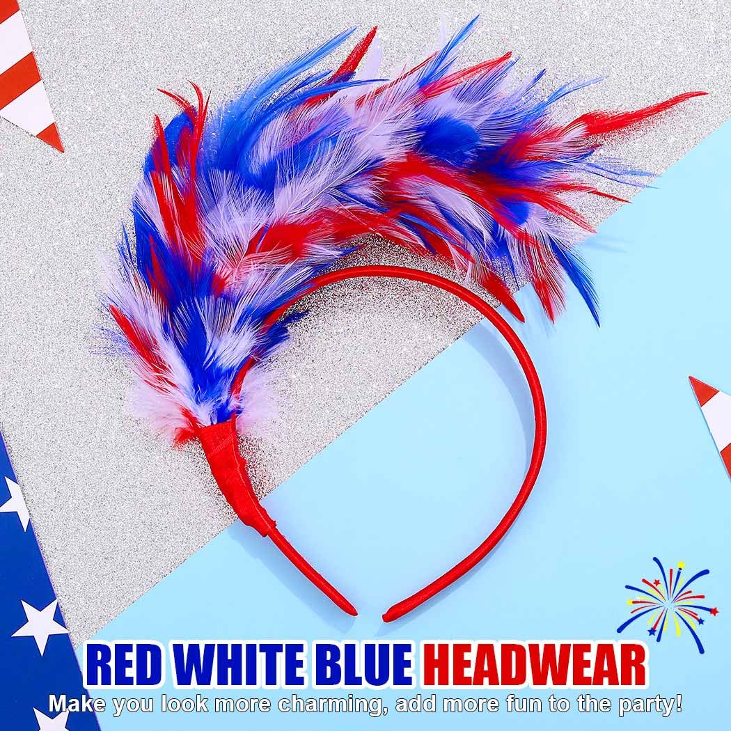 Zoestar Feather Fascinator Headband 4th of July Headpiece Patriotic Independence Day Party Festival Hair Accessories for Women (Blue White Red)