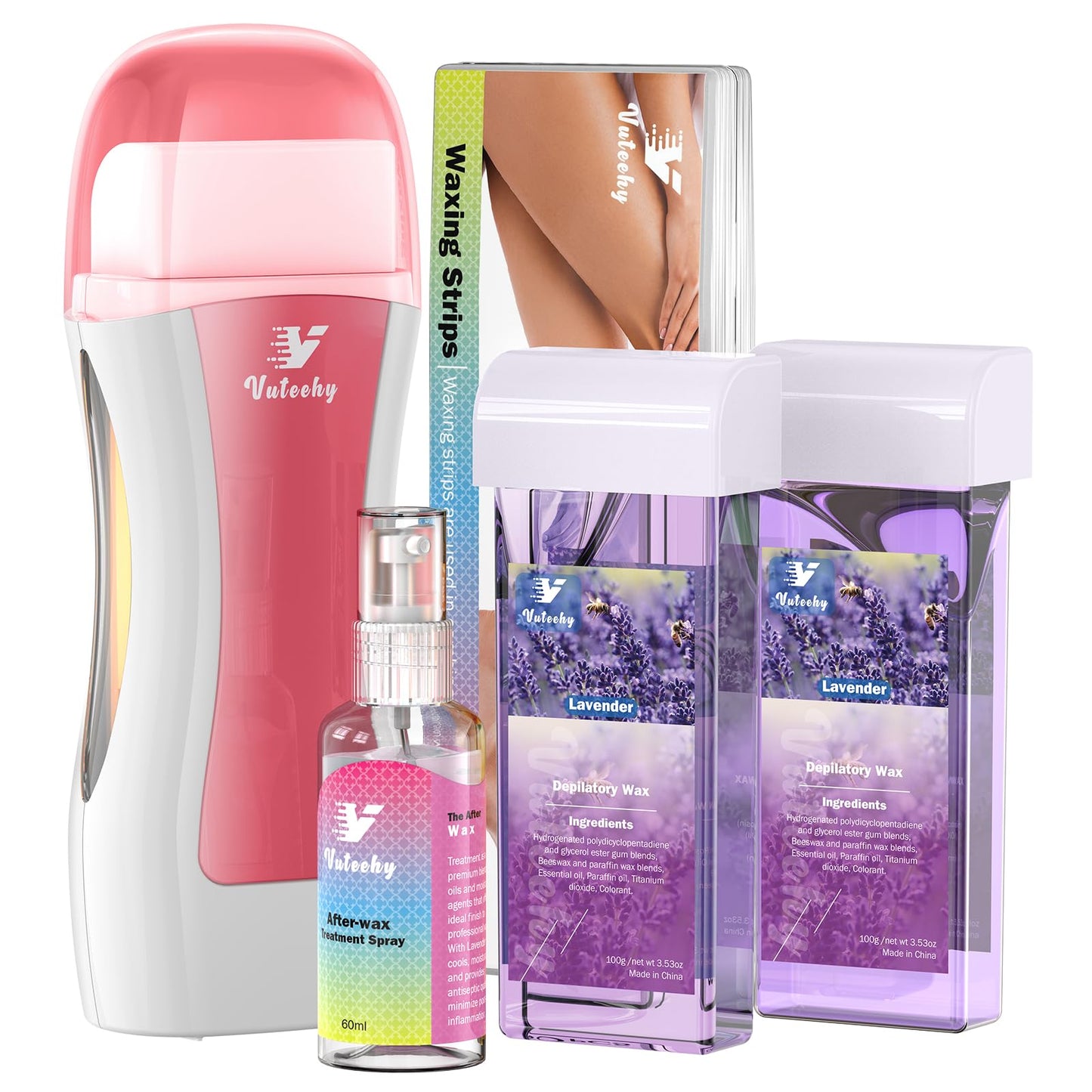 Vuteehy Roll on Waxing Kit, Roll On Wax kit for Hair Removal At Home, Waxing Kit for Women Men, Soft Wax Heater for Larger Areas of the Body, with 2 Lavender Cartridges and 50 Strips