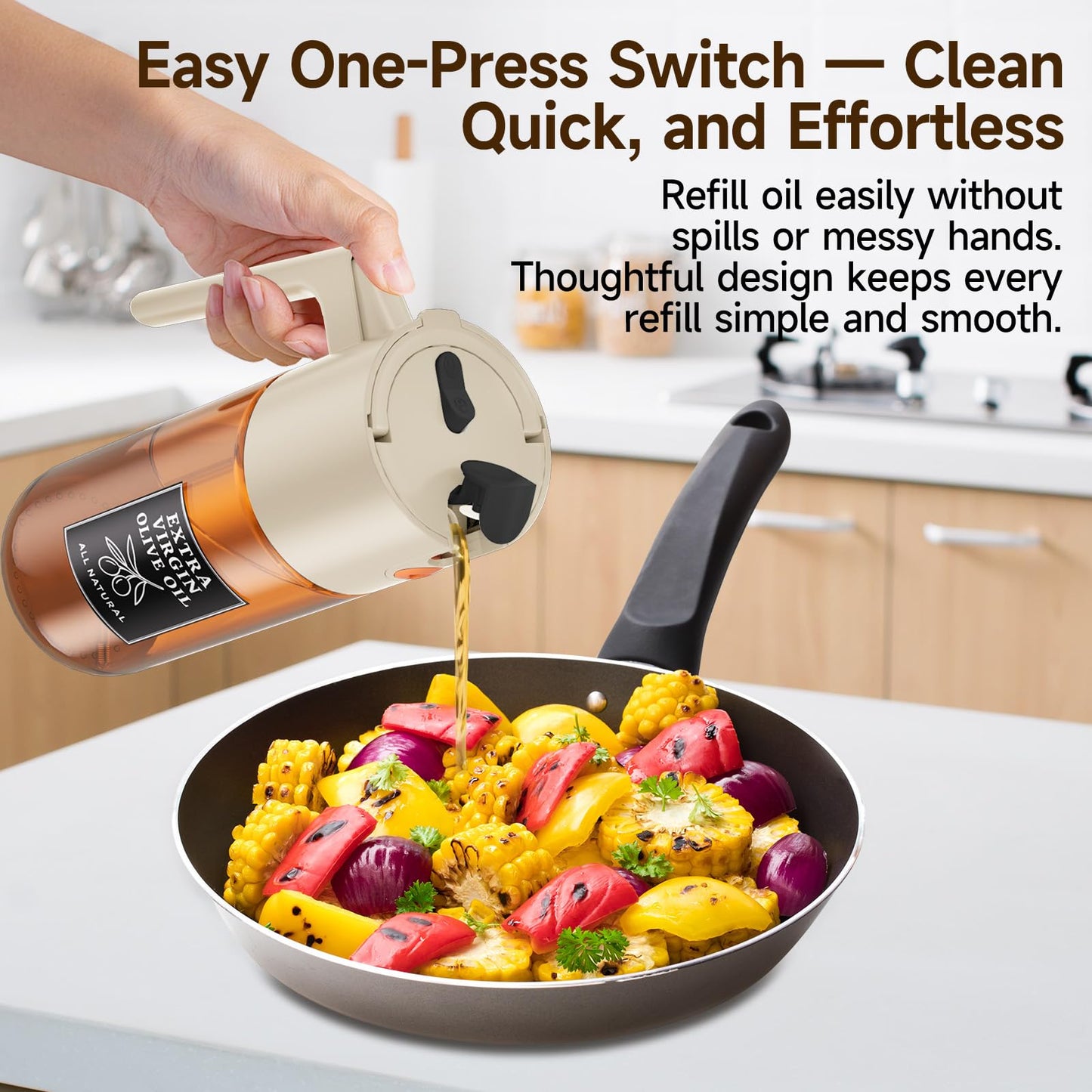 TELUNSHI 500ml Beige Glass Oil Sprayer, Dark-Tinted Glass Fine Mist Spray Bottle for Baking, Salad, Air Fryer, Light Cooking, Refillable 2-in-1 Oil Dispenser