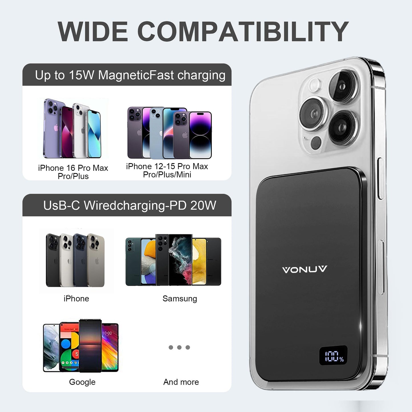 VONUV Magnetic Portable Charger 5000mAh, 15W Ultra Slim Wireless Portable Charger, Fast Charging for iPhone 17/16/15/14/13/12 Pro/Pro Max/Plus, Metal Shell, USB-C Cable to Charge Other Phones (Grey)