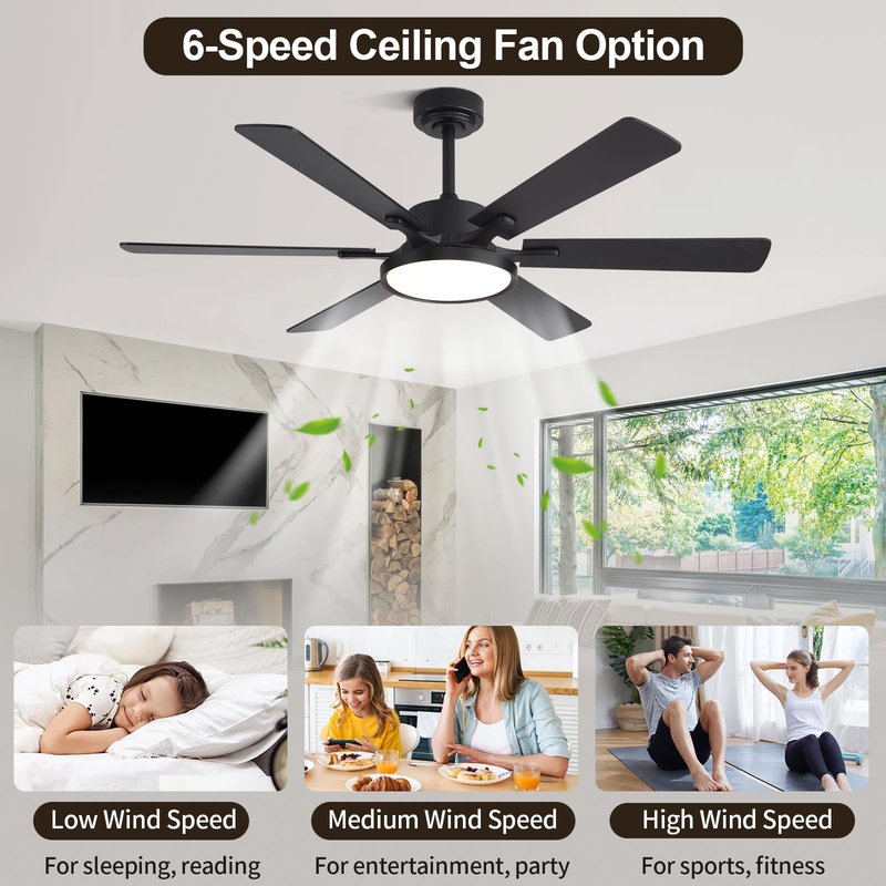 oooYYDSxxx 52in Black Low Profile Ceiling Fan with Light, Remote Control, 6 Blades, Dimmable LED, Flush Mount, Reversible, 6 Speeds, Ultra Quiet, Indoor Use, Bonus Wall Switch, Outdoor Rated