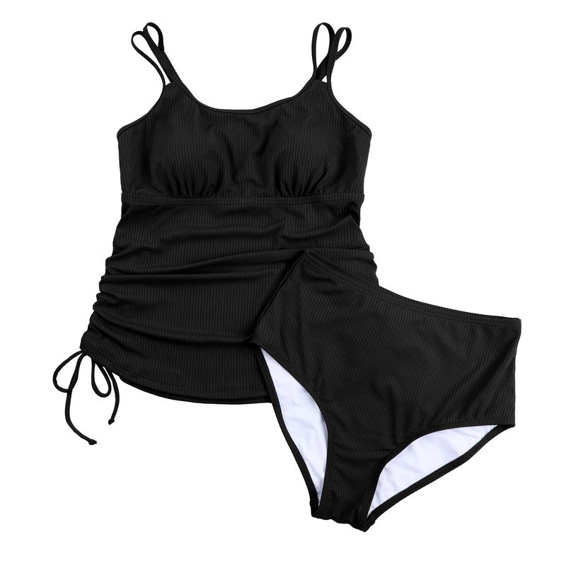 ANFILIA Two Piece Tankini Swimsuits for Women Ribbed Drawstring Tankini Top with Bottom Tummy Control Bathing Suit