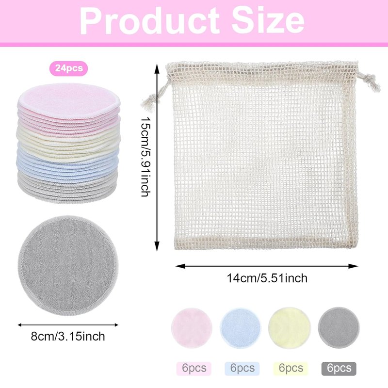Reusable Makeup Remover Pads - 24 Multicolor Soft Microfiber Cloths with Washable Mesh Bag | Eco-Friendly Toner Rounds