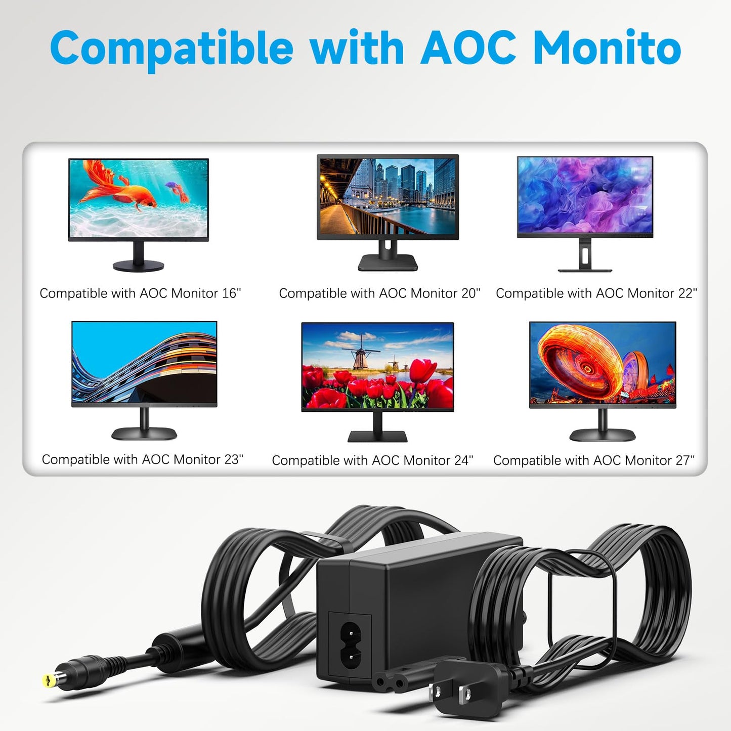 DC 12V Power Cord Compatible with AOC Monitor 16" 20" 22" 23" 24" 27"; E1659FWU, E2043FK, E2243FW, E2243FWK, E2343FK, LM520, LM720, LM729, LM800, LM914 Replacement Power Supply Cord