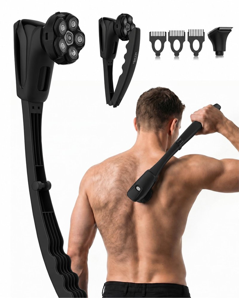 Electric Back Shaver for Men, Long Handle for Easy Self Grooming, 6D Floating Head Back Hair Trimmer for Close, Contour-Fit Shaving, 2-in-1 Full Body Shaver, LED Display, IPX6 Waterproof, Matte Black