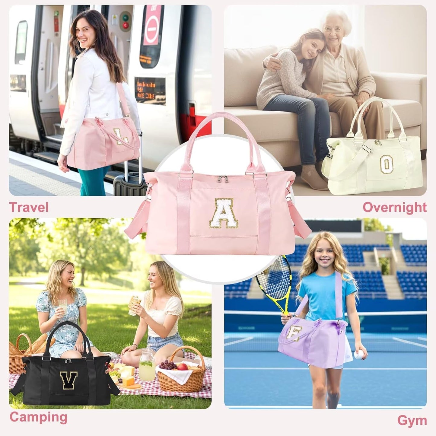 Dance Gym Duffel Bag - Personalized Initial Weekender for Teen Girls | Pink Overnight Carry-On & Cheer Bag