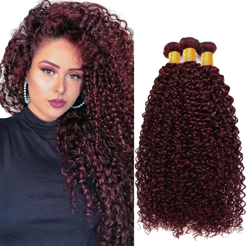 26 26 26 Inch #99J Burgundy Bundles Human Hair Kinky Curly 3 Bundles 100 Grams/Bundle 10A Grade Unprocessed Brazilian Virgin Hairs Wine Red Bundles Weaves Hair Extensions For Women