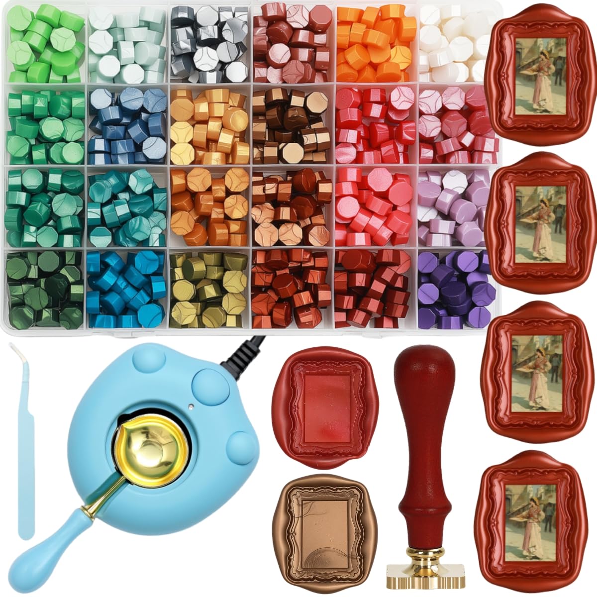 ONWINPOR Frame Wax Stamp Set, 624Pcs Sealing Stamp Beads Kit with Electric Wax Seal Warmer, 3D Embossed Frames Relief Carve Stamps Waxing, Gold Pen, Tweezer (Set02)