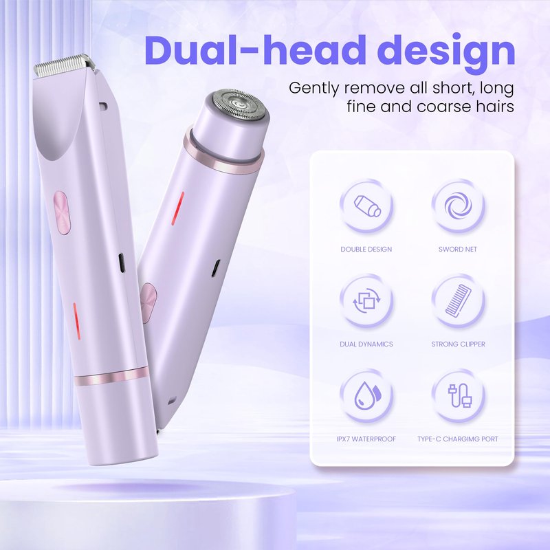 Bikini Trimmer for Women-2 in 1 Dual Head Electric Razors,IPX7 Waterproof Bikini Electric Shaver,Dry & Wet Use Painless Bikini Shaver,Pubic Hair Trimmer for Private Area & Body Hair,Purple