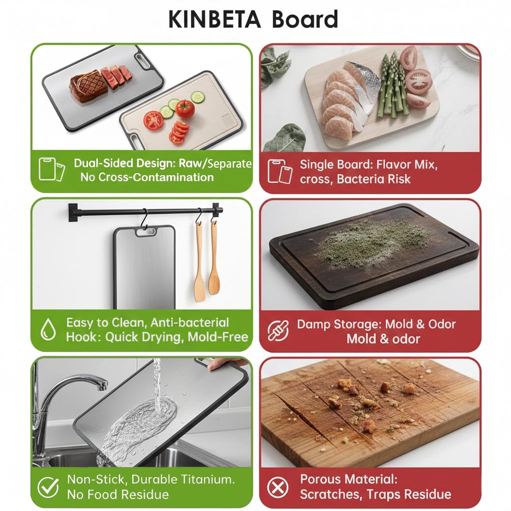 KINBETA Titanium Cutting Board for Kitchen, Double Sided 2-in-1 Chopping Board with Grinding Area, Food Grade Non Toxic Metal Cutting Board for Meat & Veggies, Easy to Clean, Large Size 16"×11"