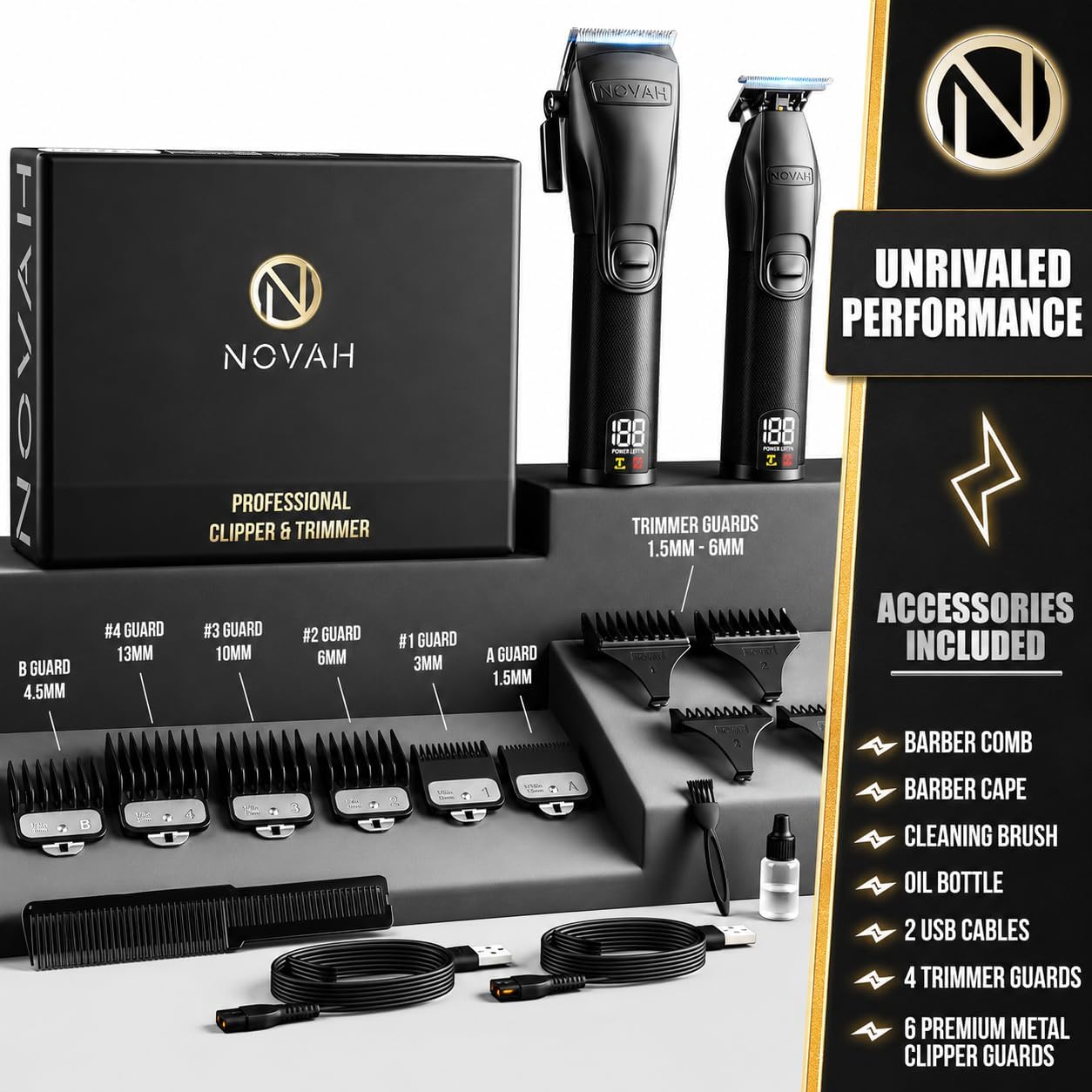 Novah® Professional Hair Clippers for Men - Cordless Barber Clipper & Trimmer Set | Perfect for Fade Haircuts