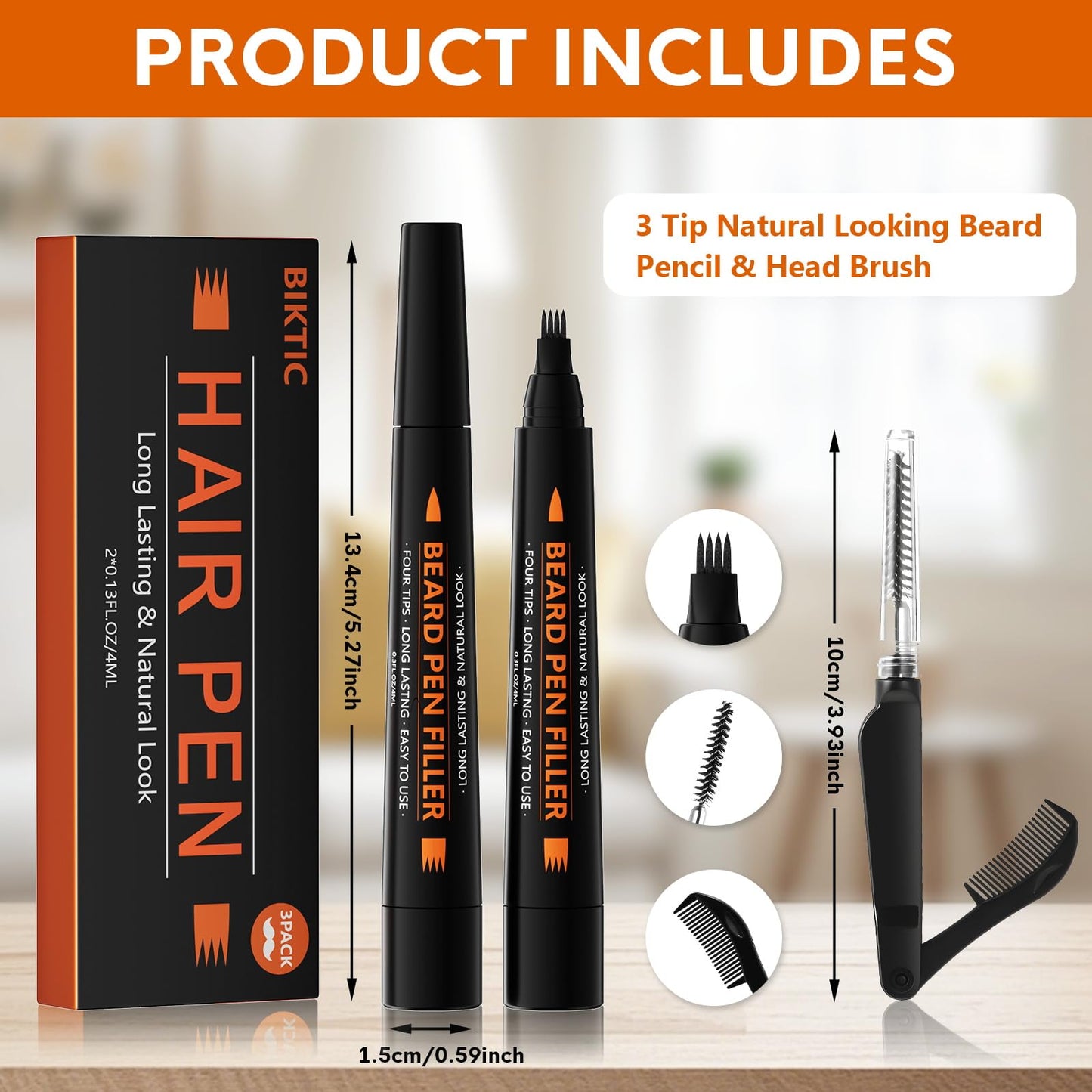 3-Pack Beard Pencil Filler for Men (Black), Four-fork Tip Beard Styling Pen, Waterproof Sweat Proof Long Lasting Beard Pencil,Effectively Enhances Facial Hair
