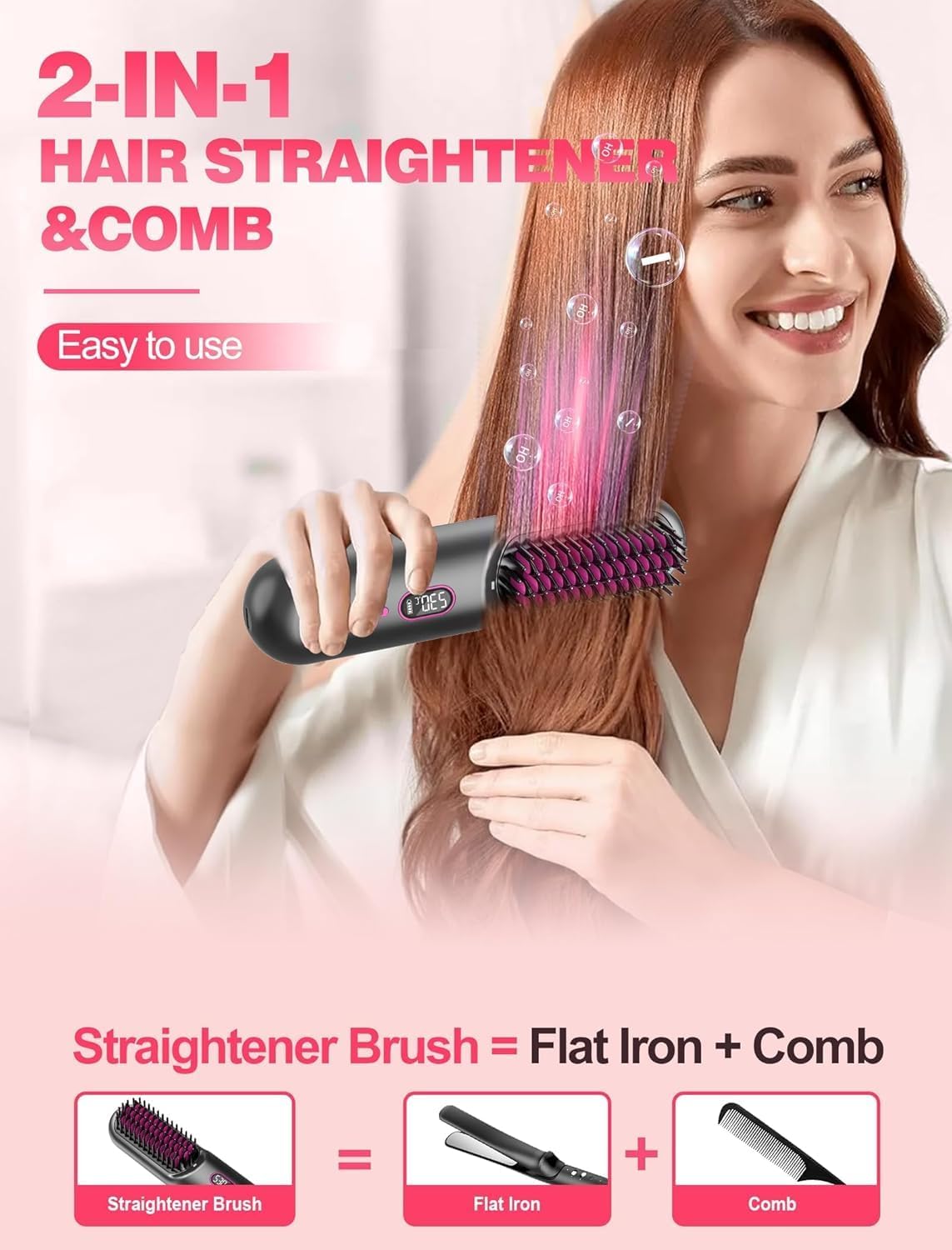 Cordless Hair Straightener Brush - Go Brush Pro for Short Hair | 20M Negative Ions, Fast Heat, 12 Temp Settings, Grey