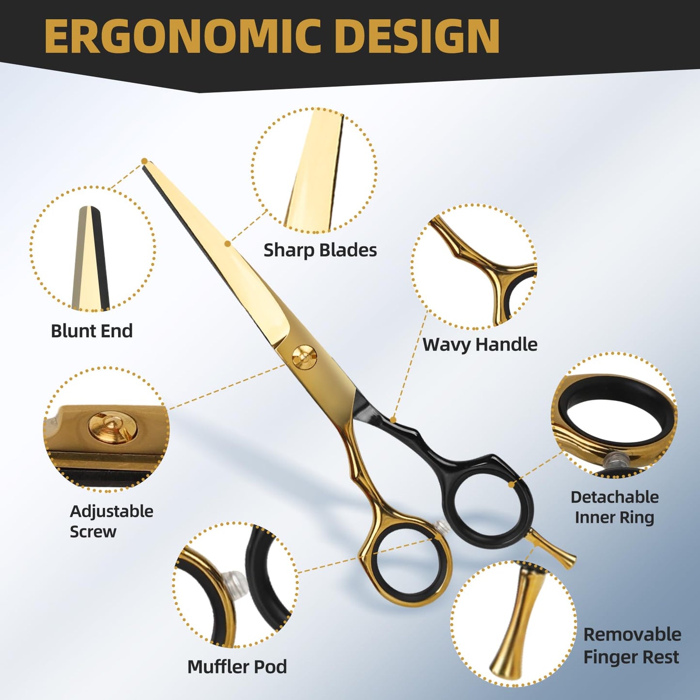 Ethyxe Hair Cutting Scissors Kit - 9 PCS Professional Haircut Scissors Set with Stainless Steel Straight and Thinning Shears for Home, Salon, and Barber Use (Black & Gold)
