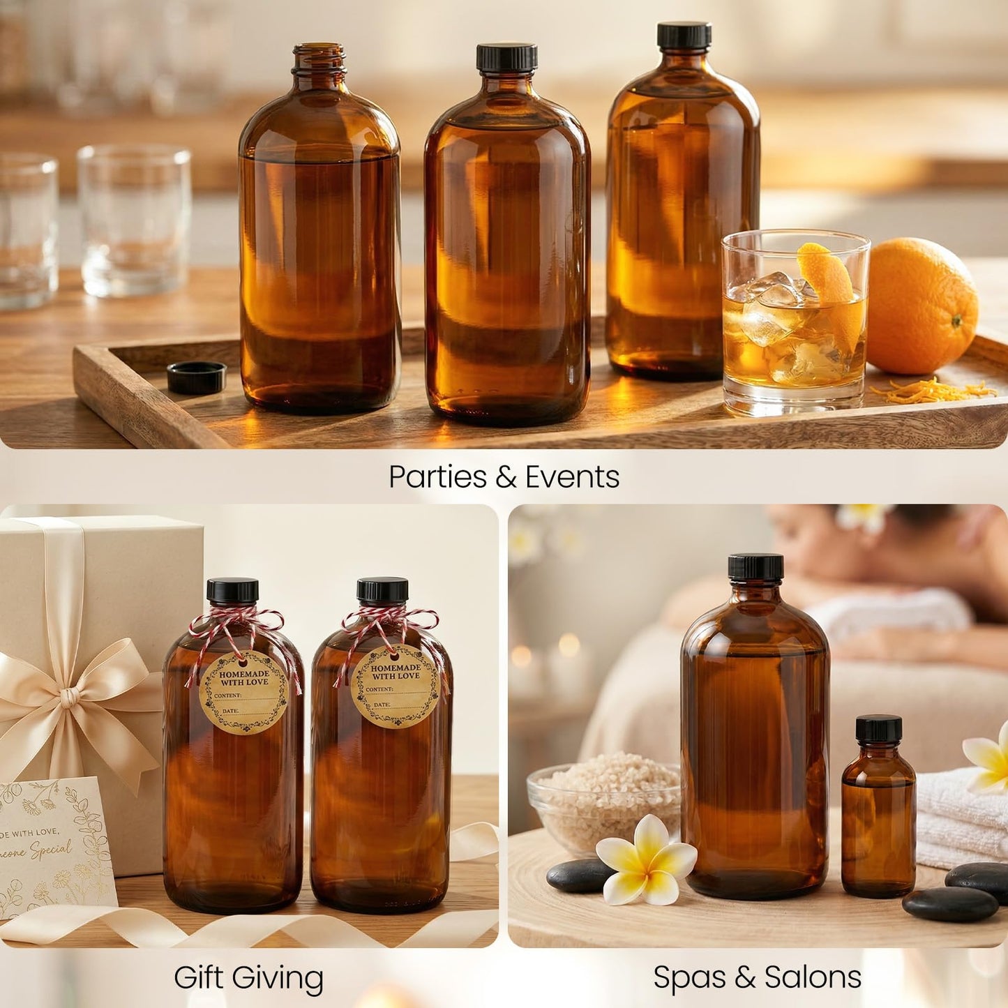 TBWIND 4 Pack 32oz Amber Glass Boston Round Bottles with Airtight Caps