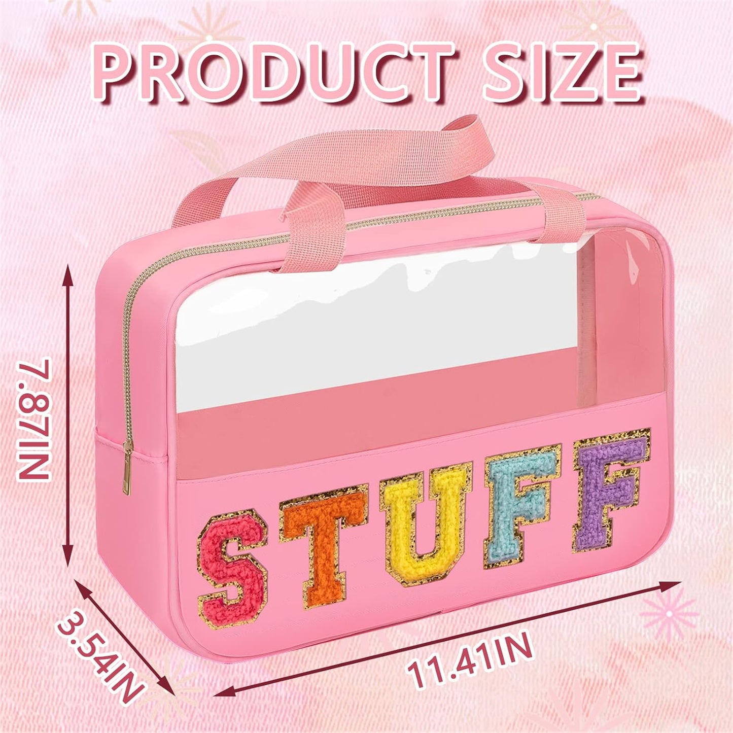 Chenille Letter Patch Stuff Bag - Large Clear Makeup & Toiletry Tote | Waterproof Nylon Organizer for Travel (Pink)