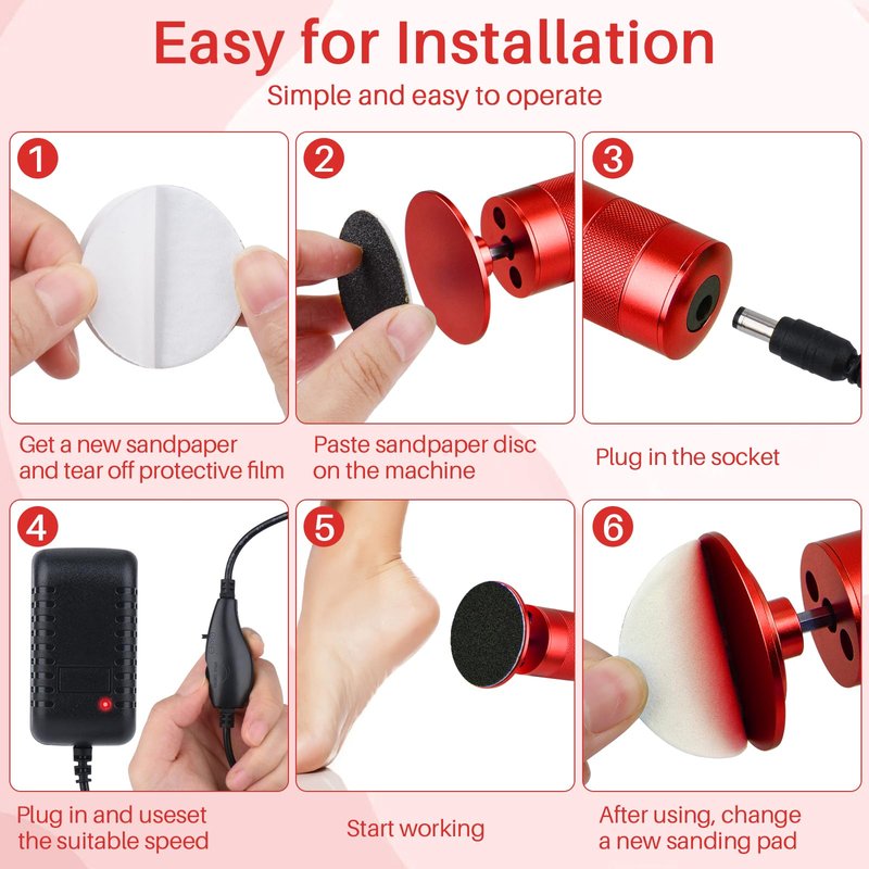 Electric Foot File, Callus Remover for Feet,Adjustable Speed 2 in 1 Electric Foot File Nail Grinder with 60 Pcs Sandpaper Discs, Tool for Dead Skin and Calluses,Gift for Women, Men- Red