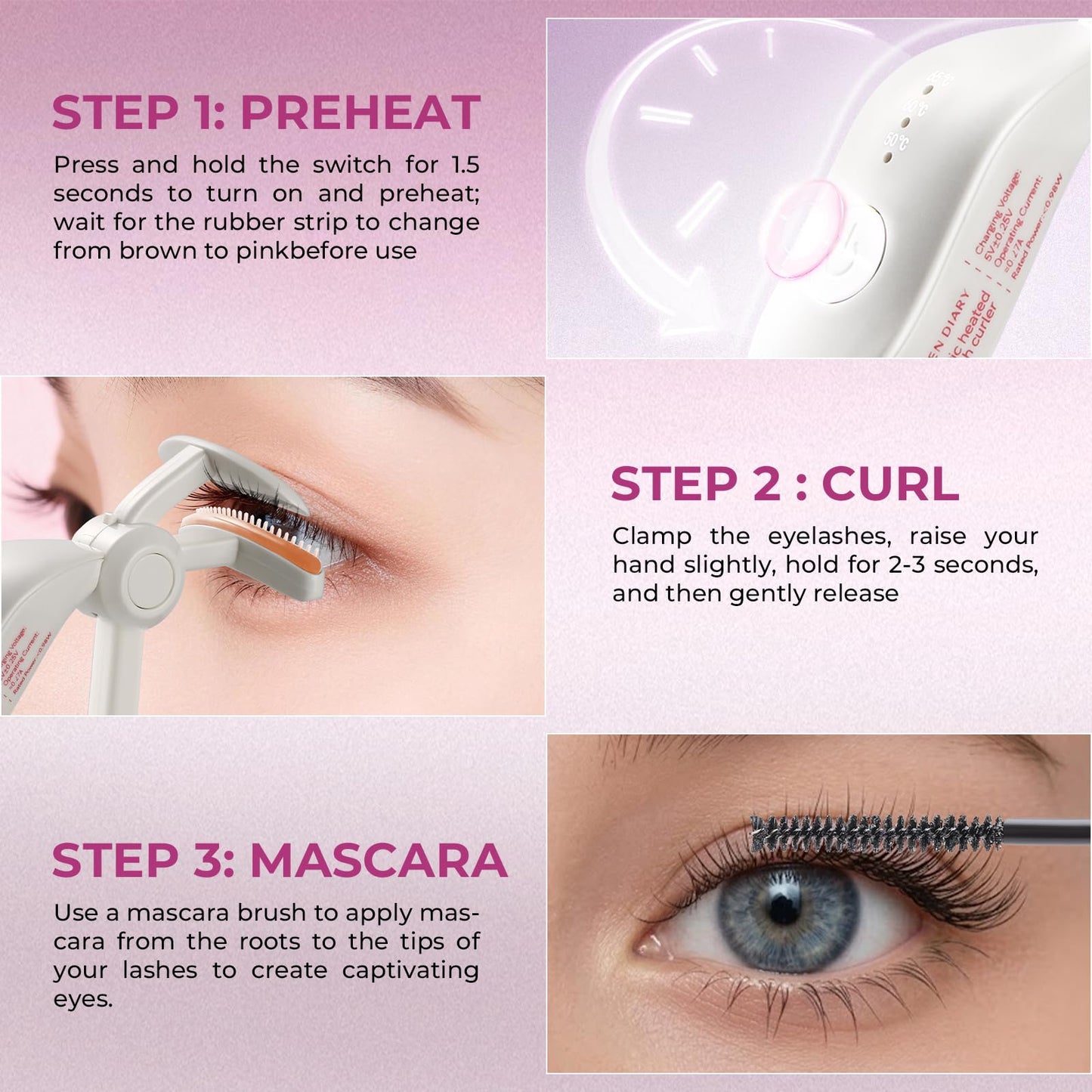 Heated Eyelash Curler, 10s Fast Heat Up Electric Lash Curler with 3 Temperature Modes, 24H Long Lasting Rechargeable Type-C Portable Travel Eyelash Curler, Anti-Burn Safe Natural Curling (White)