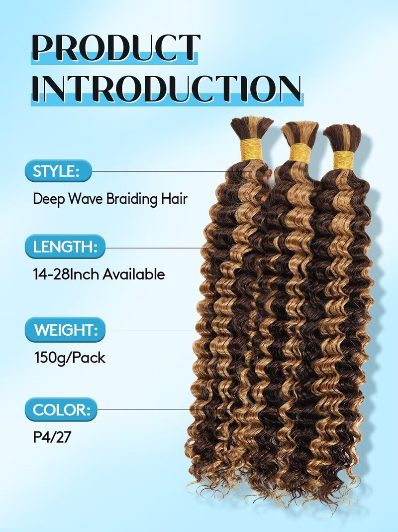Unprocessed Human Hair Braiding Extensions - #4/27 Brown with Honey Blonde Highlights | 22 Inch, 150g, 3 Bundles