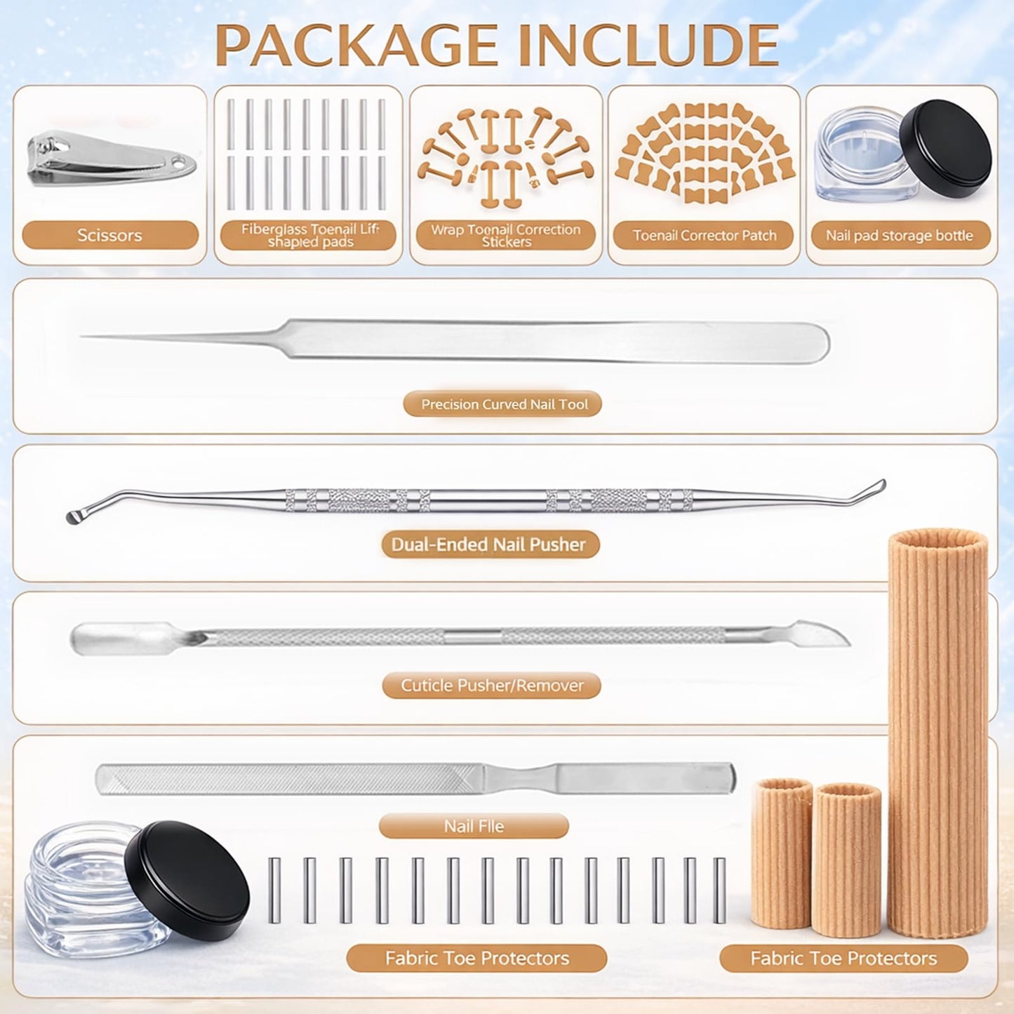 Ingrown Toenail Corrector & Toenail Correction Kit with Soft Breathable Strips, Stainless Steel Tools and Elastic Fiber Toe Sleeves; Ideal for Runners, Long-Hour Workers and Tight-Shoe Wearers