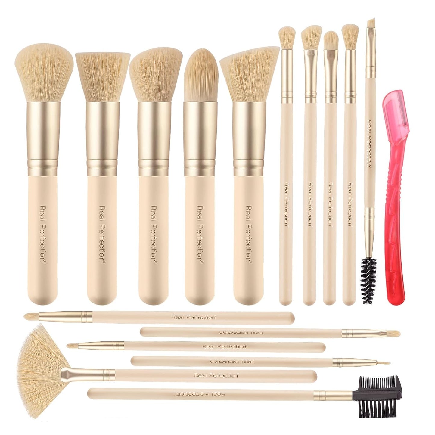 Real Perfection Makeup Brush Set - 16 Premium Synthetic Brushes for Foundation, Eyeshadow & Blush | Beige