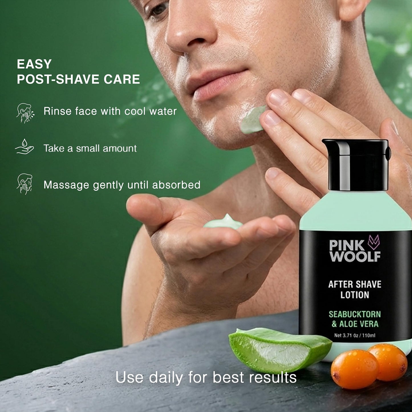 Pink Woolf After Shave Lotion for Men, Alcohol Free Aftershave Balm for Sensitive Skin, Razor Burn & Razor Bump Relief, Fast Absorbing Post Shave Moisturizer, Sea Buckthorn & Aloe, 3.7 oz