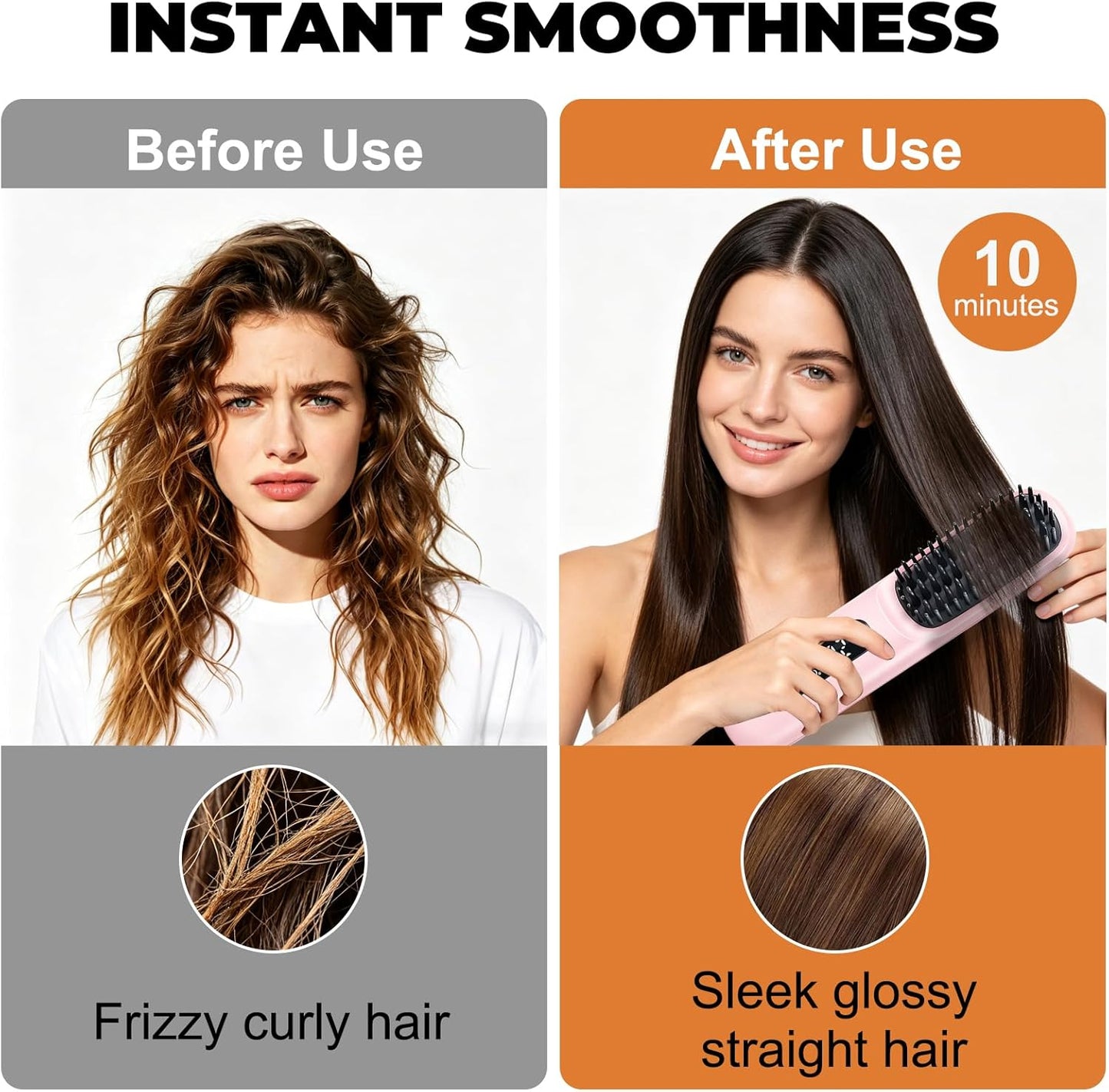 Cordless Hair Straightener Brush - Ionic Frizz-Free, Fast Heating 20s, 3200mAh USB-C | Portable for Travel