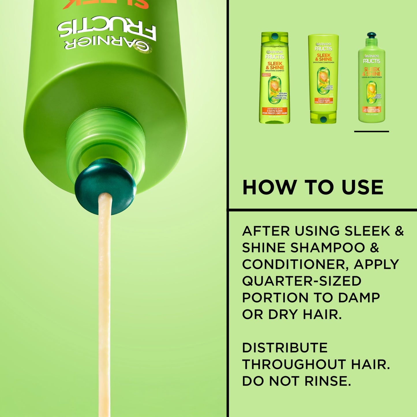 Garnier Fructis Sleek & Shine XL Leave-In Conditioner Cream, Anti-Frizz Hair Treatment with Plant Keratin + Argan Oil, Controls Frizz and Provides Smoothness For Frizzy, Dry Hair, Value, 16.9 Fl Oz