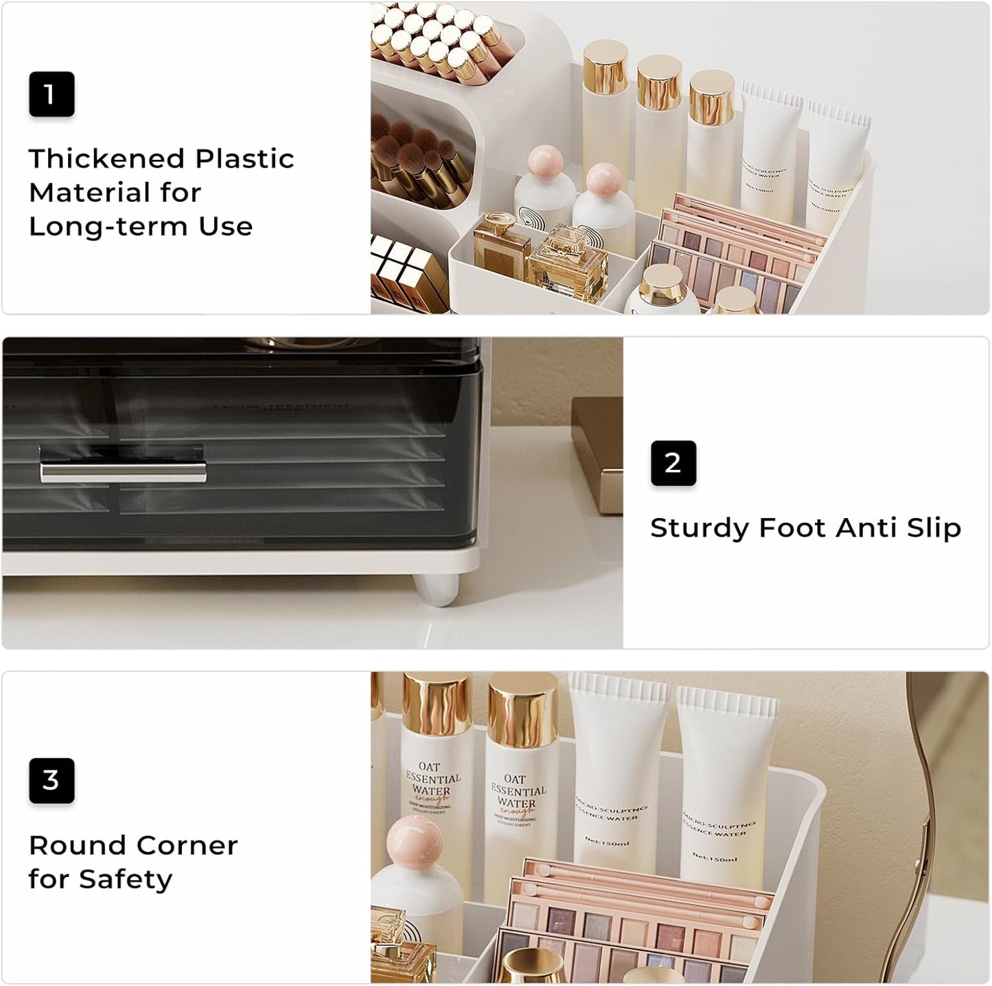 Makeup Organizer for Vanity - Large Capacity Skincare & Cosmetic Display Case with 2 Drawers | Brush Holder & Perfume Storage