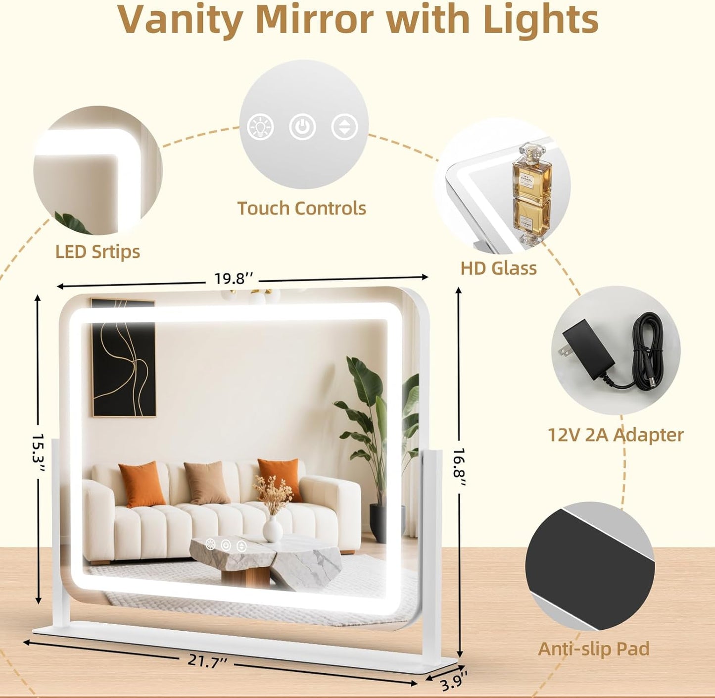 Lighted Makeup Mirror with 10X Magnification - 22"x17", Dimmable 3-Color Lights, Touch Control, 360° Rotation, Metal Frame, Perfect Women's Gift, White
