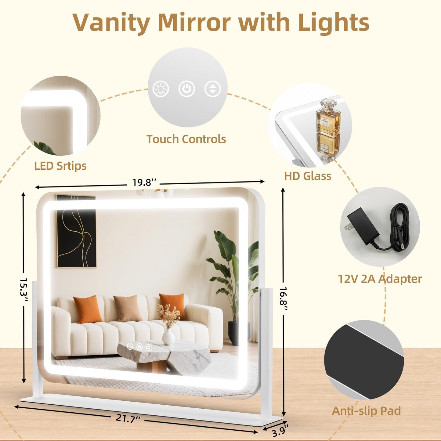 Vanity Mirror with Lights 22"x17", Lighted Makeup Mirror with 10X Magnification 4.5", 3 Color Dimmble Lights, Touch Control, 360° Rotation, Metal Frame, Women's Gift, For Bedroom/Dressing Room, White
