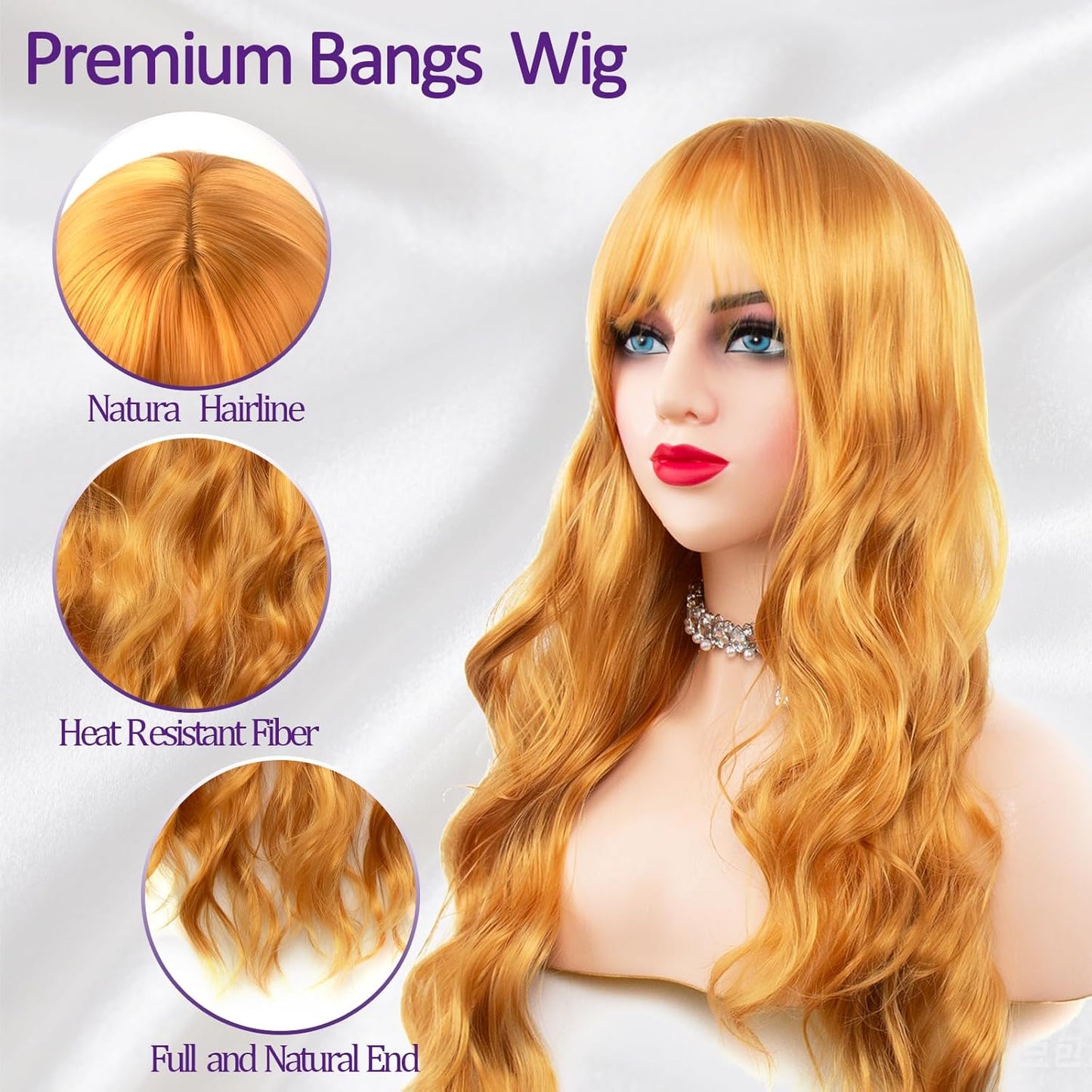 Honey Blonde Wigs for Women - 26 Inch Long Wavy Curly Synthetic Wig with Bangs | Heat Resistant Cosplay Style