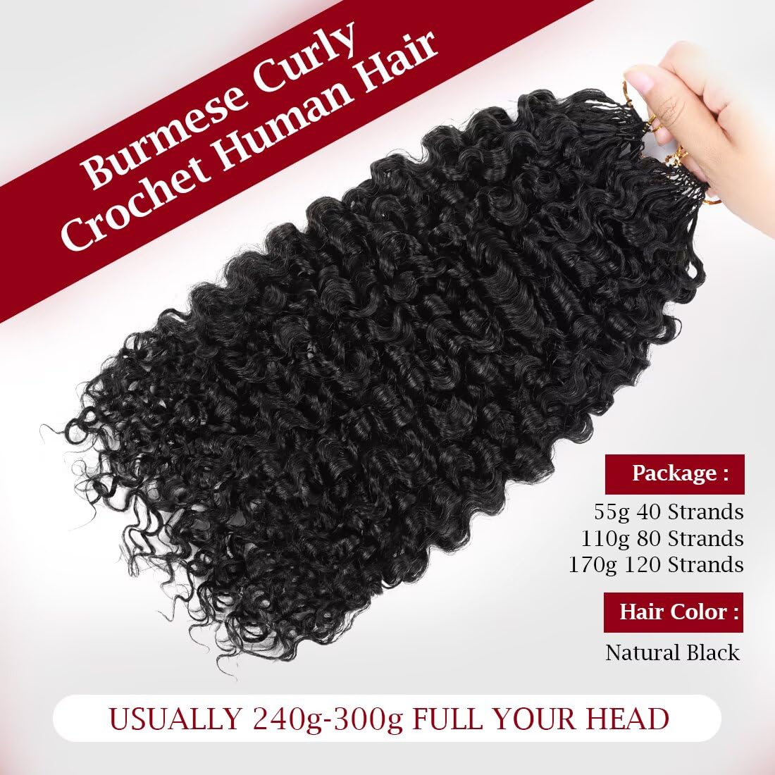 Miracle Invisible Knots Feather Human Crochet Hair 18 Inch 55g Pre-Looped for Burmese Curly (Open End) Natural & Bouncy Wave Invisible Seamless Knotless Soft BM Crochet Hair for Black Women (1B)