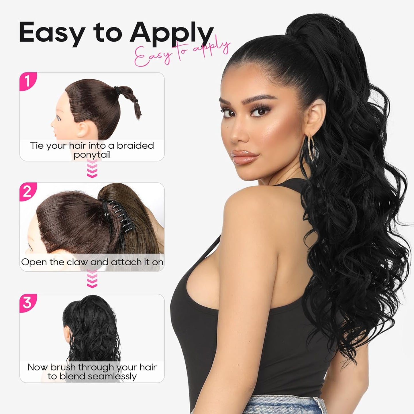 24-Inch Curly Ponytail Extension - Natural Synthetic Hairpiece for Women | Chocolate Brown with Highlights