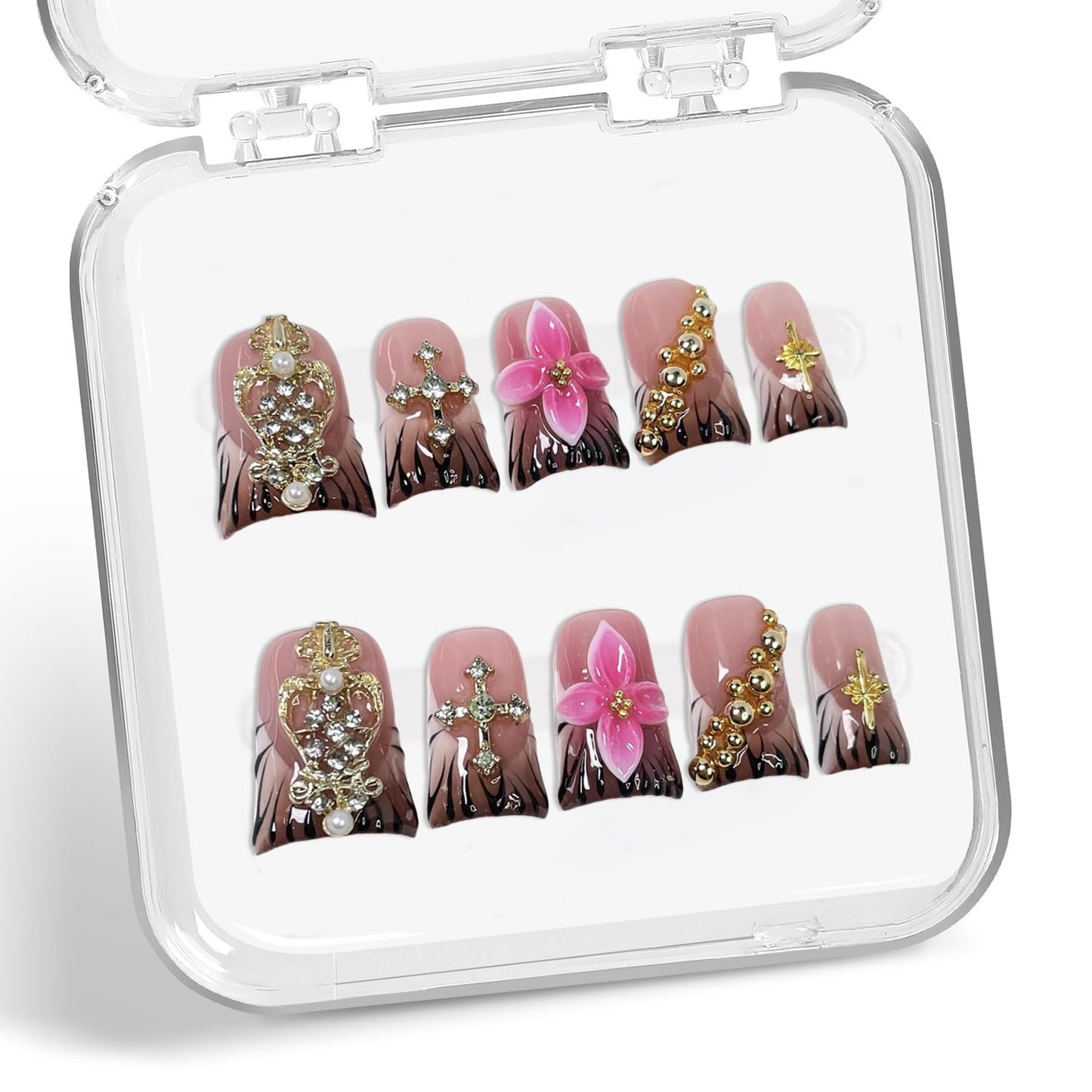 Colorful 3D Flower Press-On Nails - Handmade Thick Acrylic Full Cover | White French Tip (Medium)