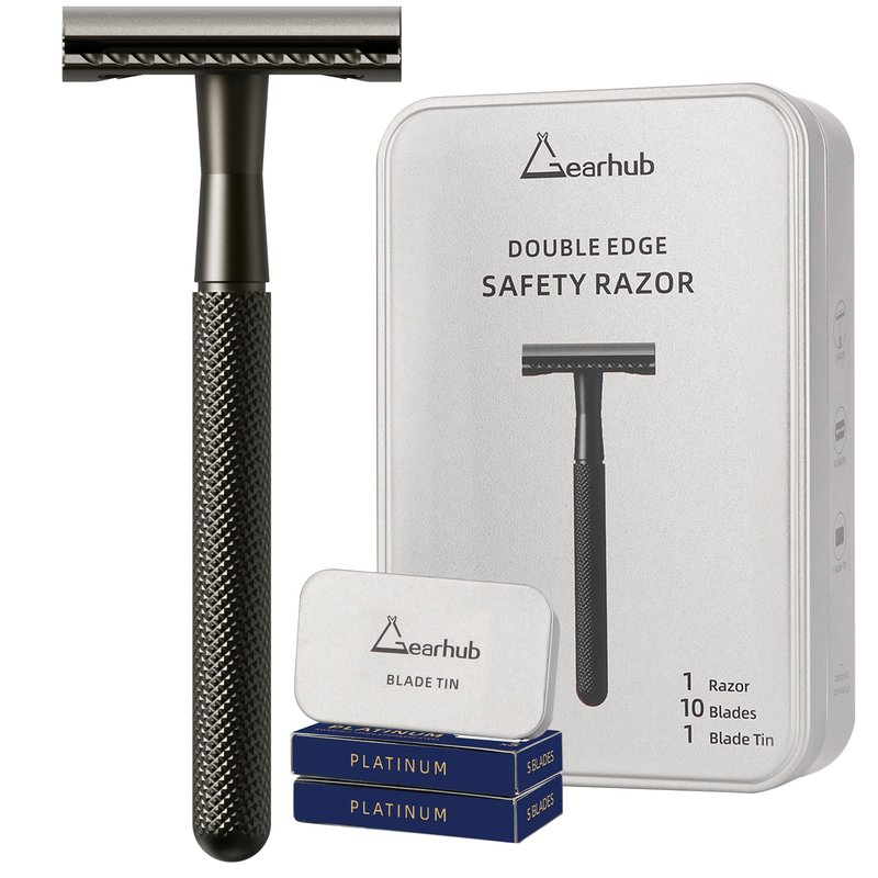 Gearhub Butterfly Double Edge Safety Razor Reusable Stainless Metal Wet Shaving Razor with 10 Swedish Platinum Blades for Men Women Barber Bikini Armpit Hair, Silver GR179