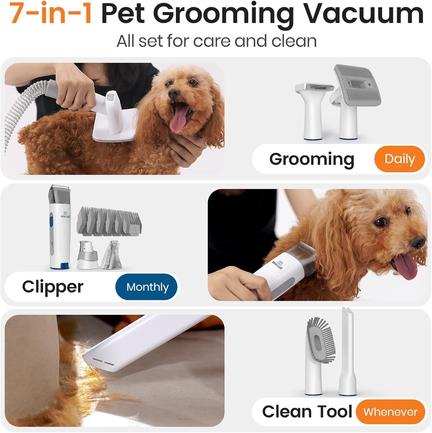 Dog Grooming Vacuum - Pet Grooming Tool with Clipper & Nail Grinder | 1.5L Dust Cup & 7 Grooming Tools (Blue)