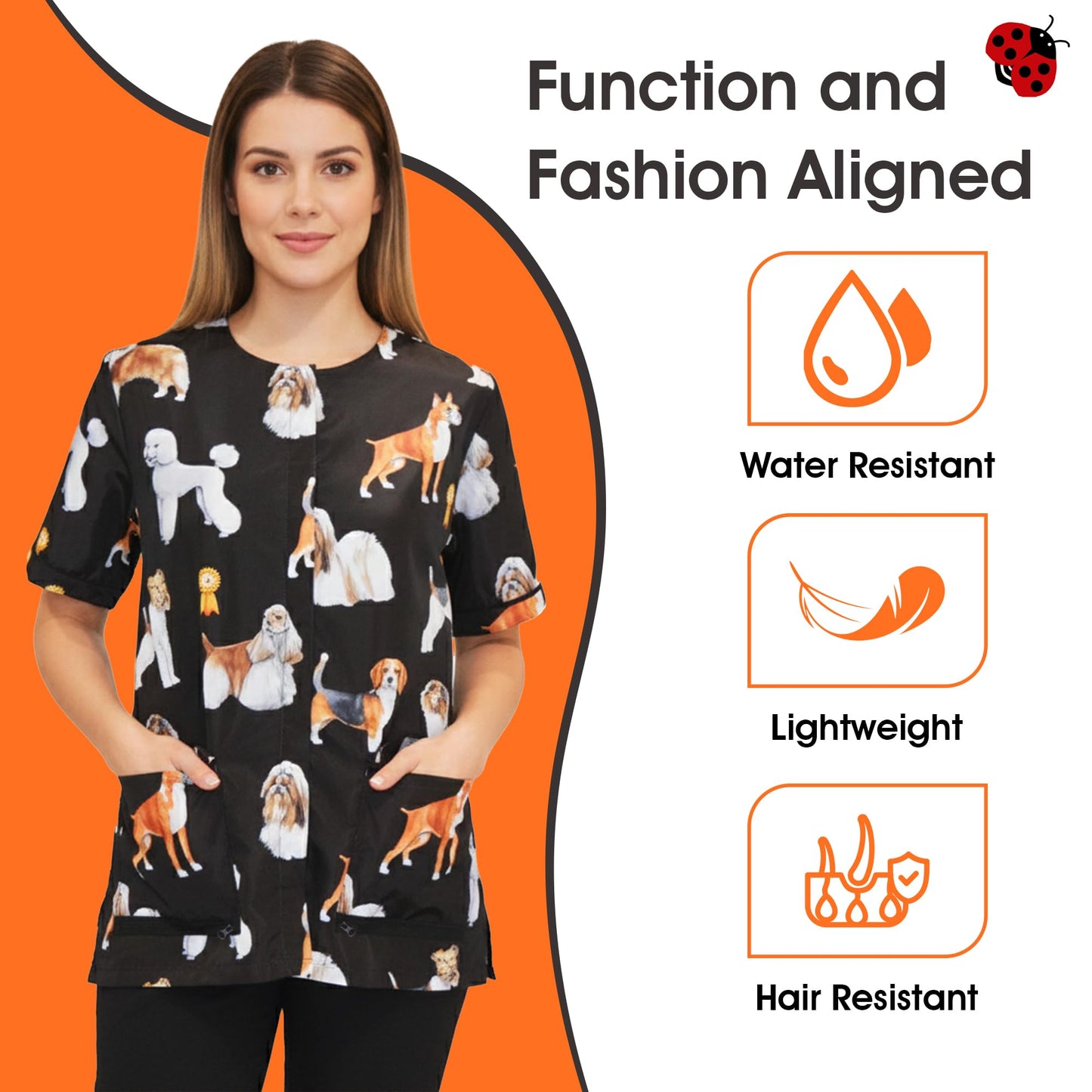 Ladybird Line 803 Dog Groups Grooming Smock, Water Resistant, Hair Bleach Proof, Breathable Mesh Lining, Adjustable Back Belt